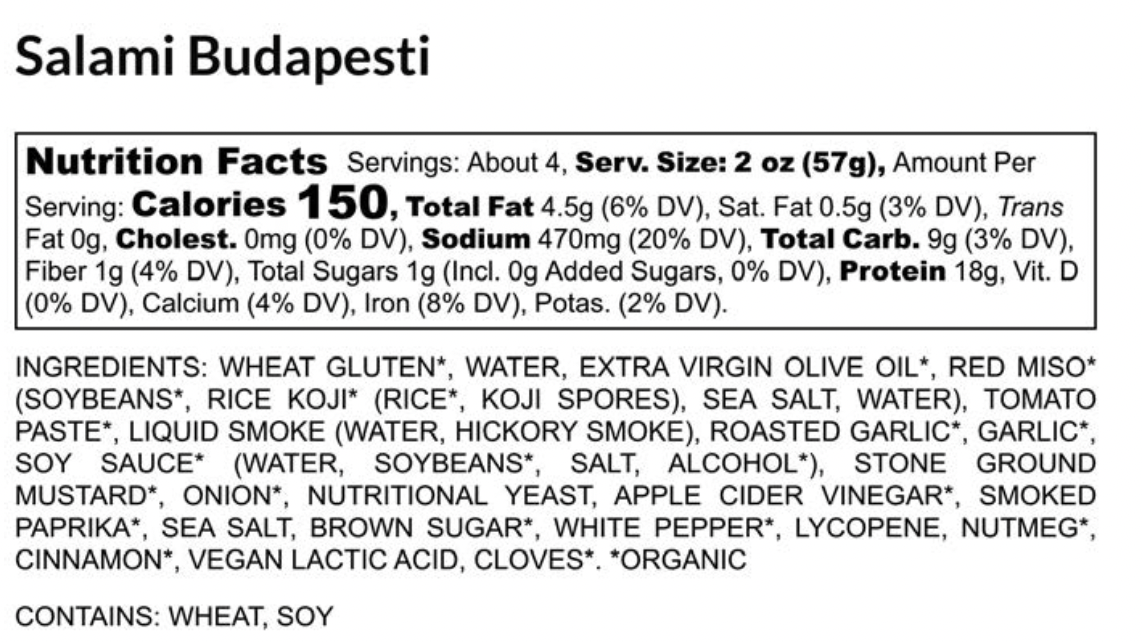 Ingredient list for PLANT-BASED SALAMI BUDAPESTI 3-PACK