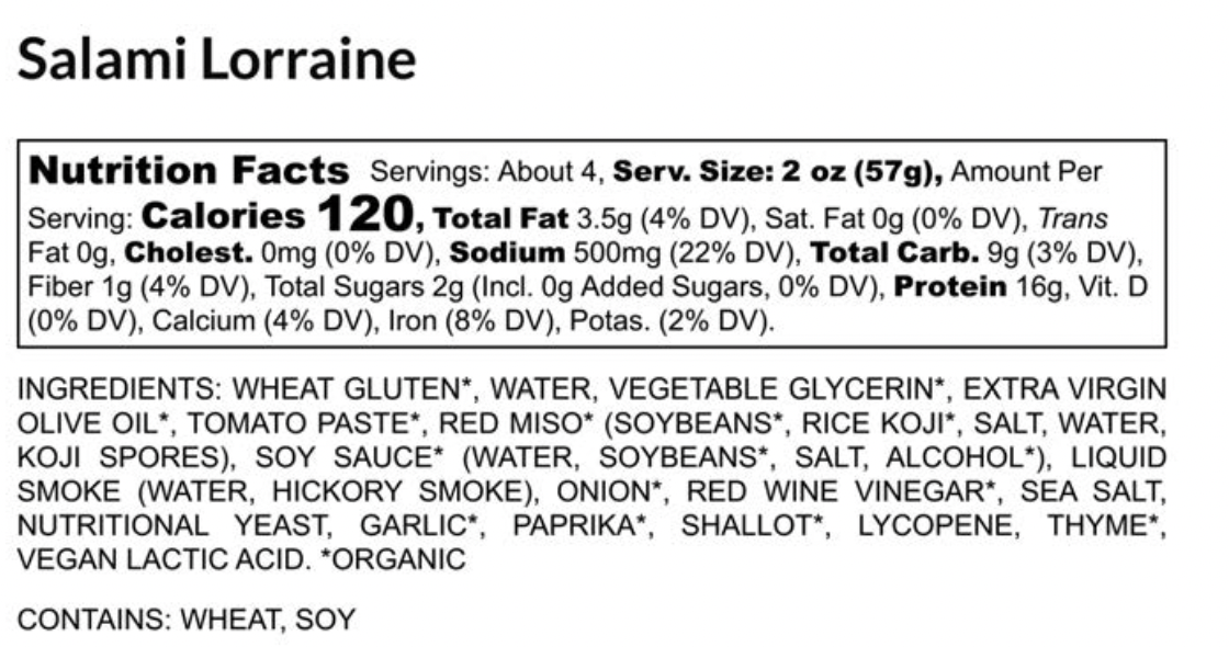 Ingredient list for PLANT-BASED SALAMI LORRAINE 3-PACK