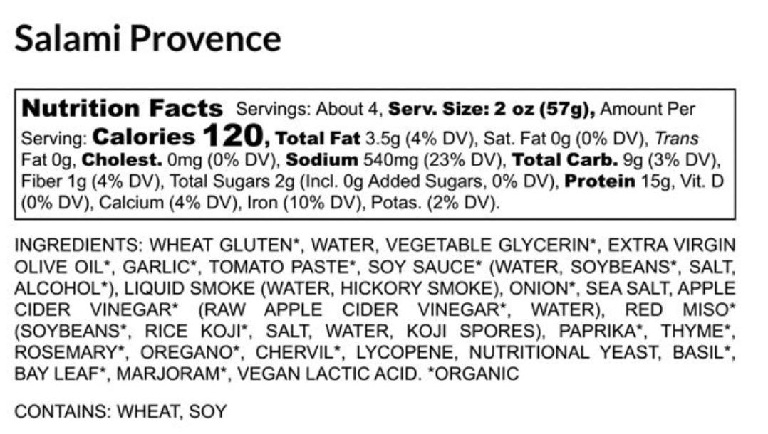 Ingredient list for PLANT-BASED SALAMI PROVENCE 3-PACK